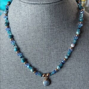 Handmade Blue Apatite + Gold tone hematite Beaded Necklace with Shell Pendant 🐚